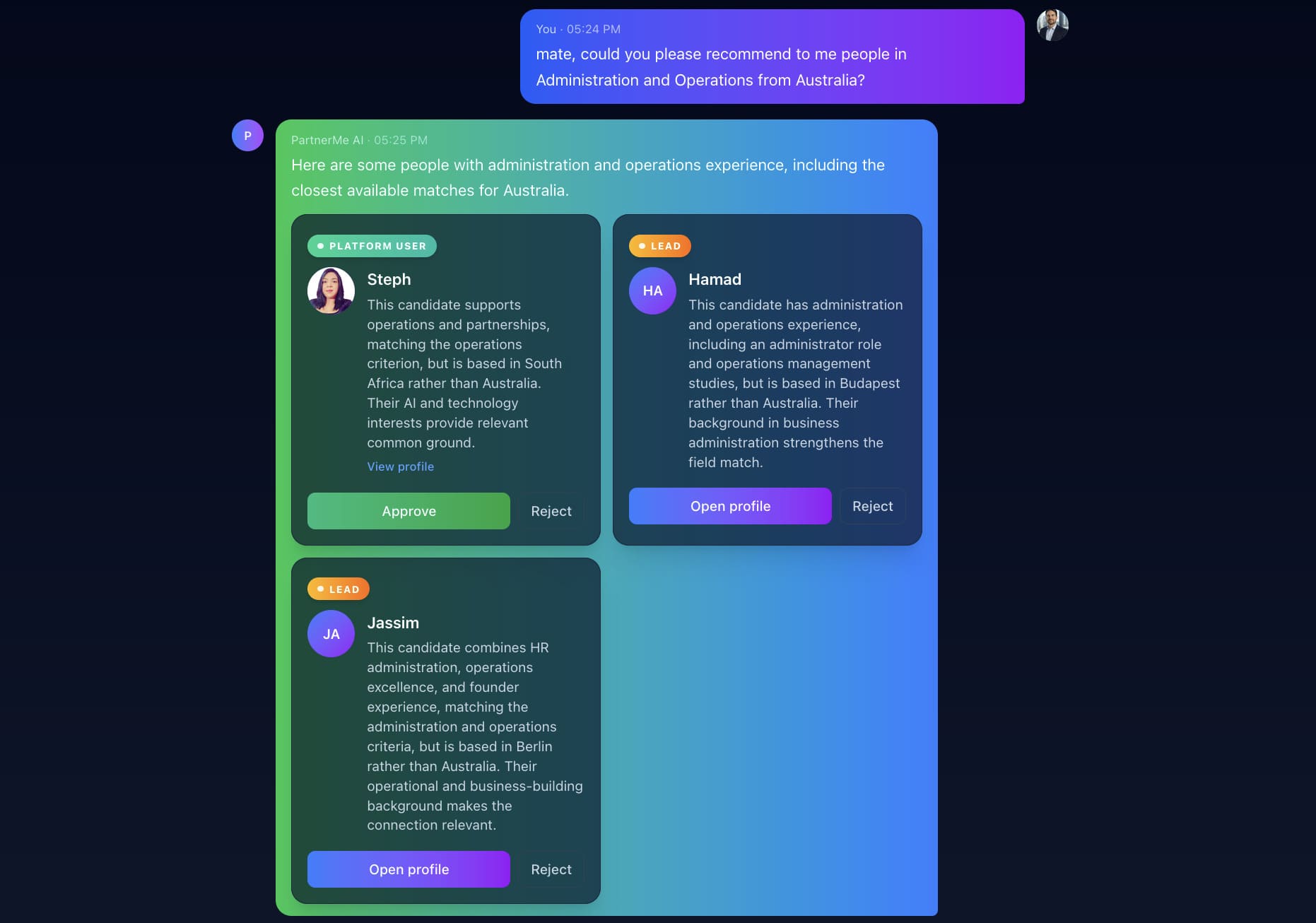 Recommendation cards in the main chat